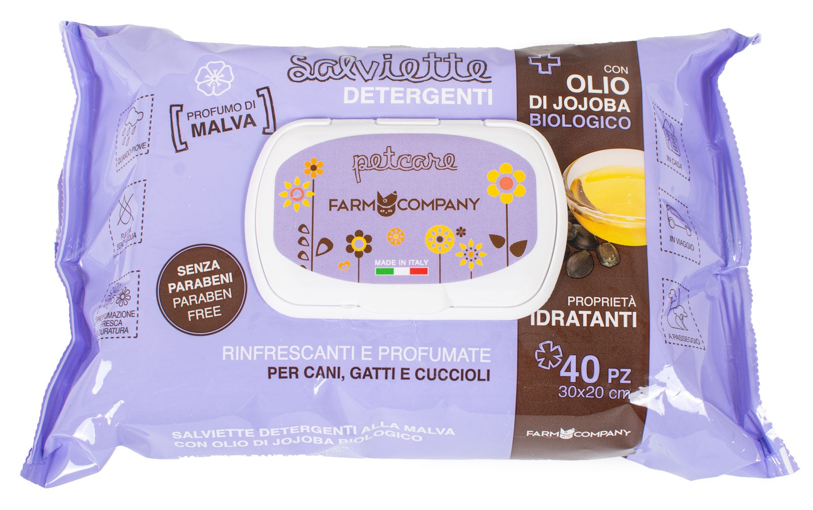 Farm Company pet cleansing wipes with jojoba organic oil and mallow for gentle pet hygiene and care, 40-piece pack.