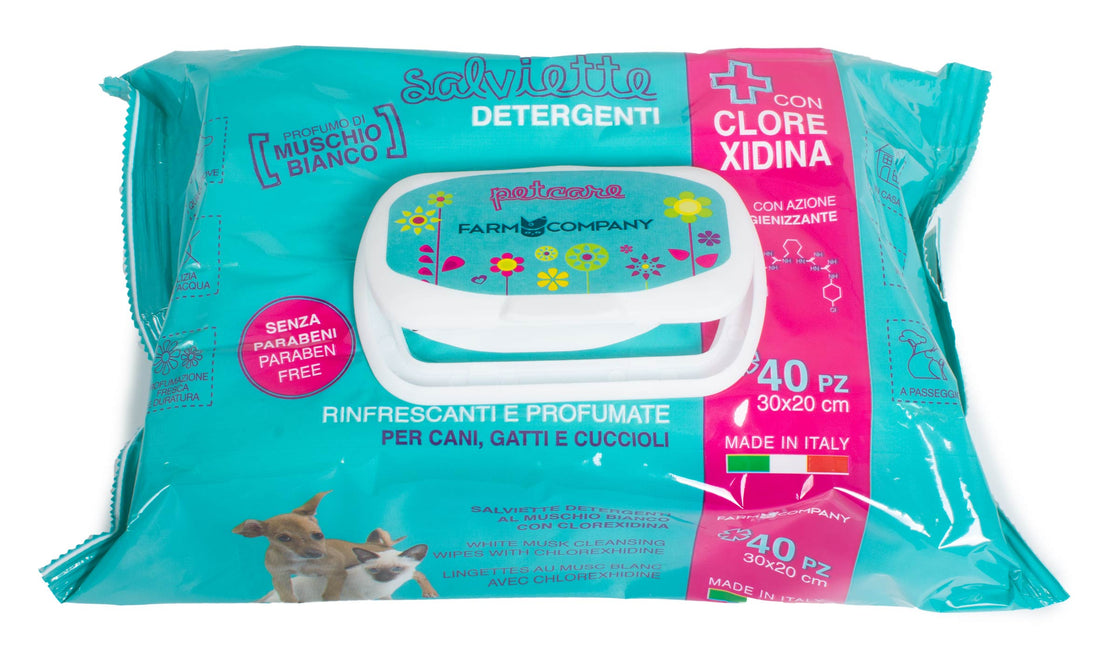 Farm Company pet cleansing wipes with White Musk and Chlorhexidine for hygiene and health of pets.