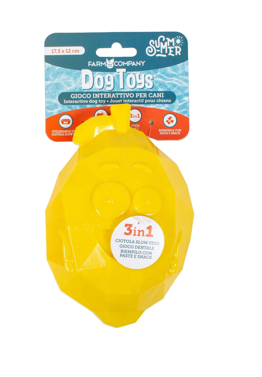Farm Company Fruity TPR 3-in-1 lemon-shaped dog toy, bowl, and licky mat, 17.5 x 12 cm, made of durable rubber for pets.