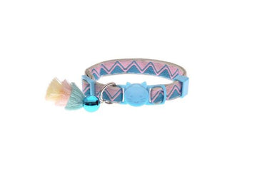 Blue Bohemian cat collar by Ferribiella, stylish pet accessory with adjustable strap and decorative beads for feline comfort.