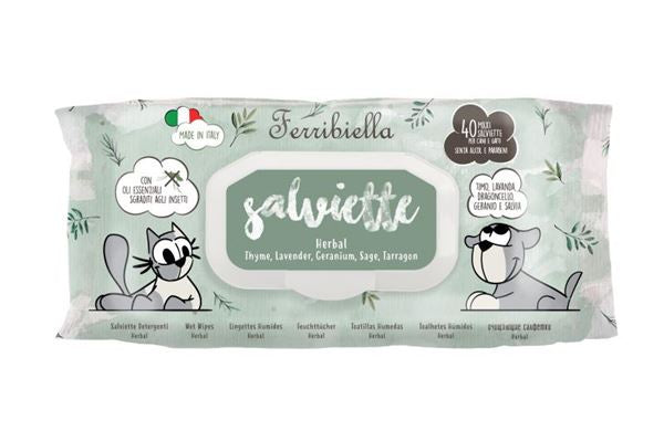 Ferribiella ESP.12PZ Salvettes Herbal pet accessories with 12 packs of 40 herbal wipes for animals.