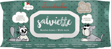 Ferribiella hygiene and care disinfectant wet wipes with White Musk scent, displayed in a pack of 40 sheets.