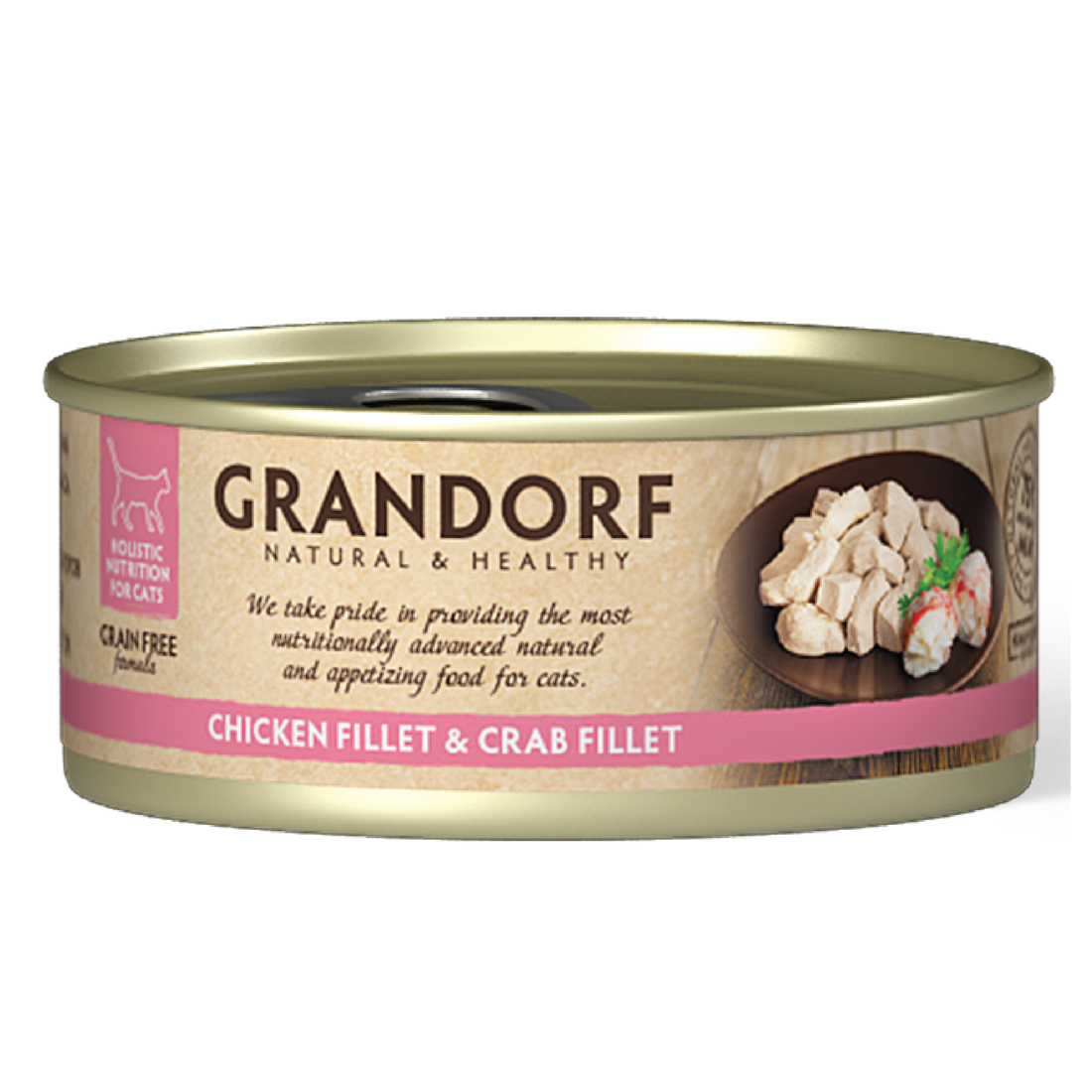 Grandorf cat food pack with six 70g cans featuring chicken breast and crab fillet flavor for cats.