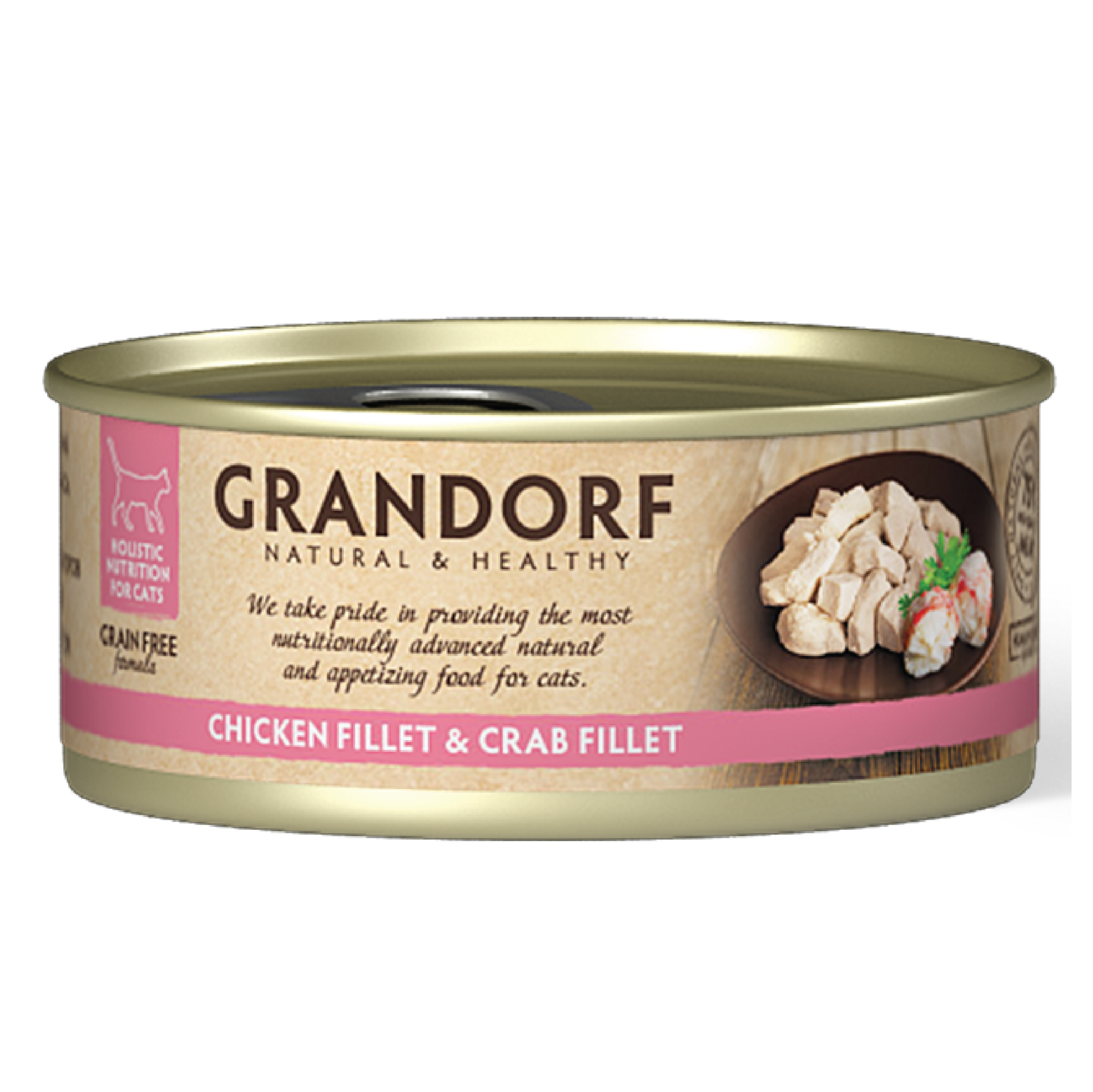 Grandorf cat food pack with six 70g cans featuring chicken breast and crab fillet flavor for cats.