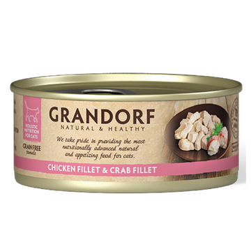 Grandorf cat food pack with six 70g cans featuring chicken breast and crab fillet flavor for cats.