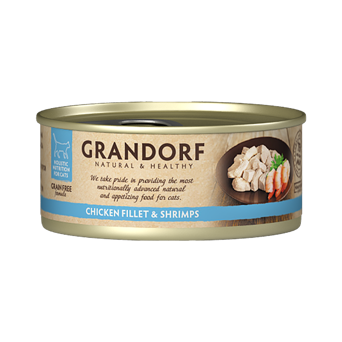 Grandorf cat food pack with 6 cans of chicken breast and shrimp flavor, 70g each, ideal for feline nutrition and tasty meals.