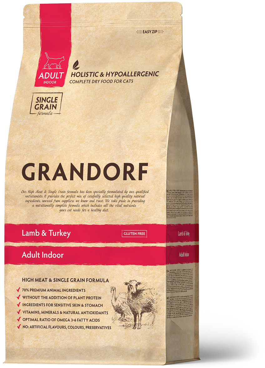 Grandorf Lamb & Turkey adult indoor cat food 8kg in a bag, premium dry pet food for indoor cats with natural ingredients.