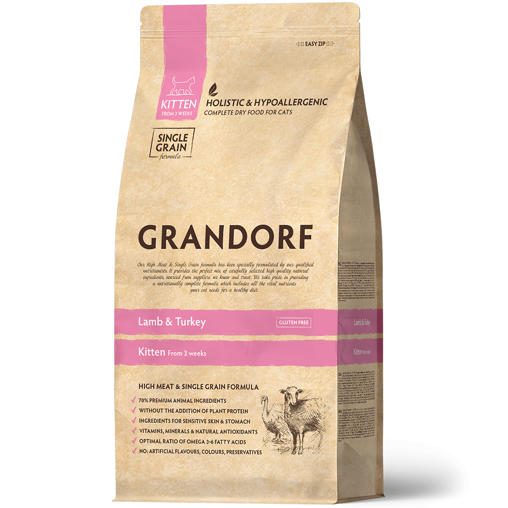 Grandorf Lamb & Turkey kitten dry cat food in 2kg bag, high-quality pet food with lamb and turkey flavors for young cats
