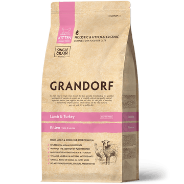Grandorf Lamb & Turkey kitten dry cat food in 2kg bag, high-quality pet food with lamb and turkey flavors for young cats