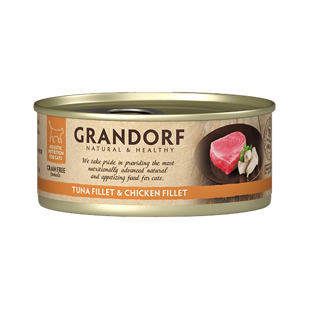 Six 70g packs of Grandorf cat food with tuna fillet and chicken breast, premium wet food for cats.