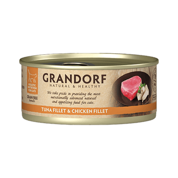 Six 70g packs of Grandorf cat food with tuna fillet and chicken breast, premium wet food for cats.
