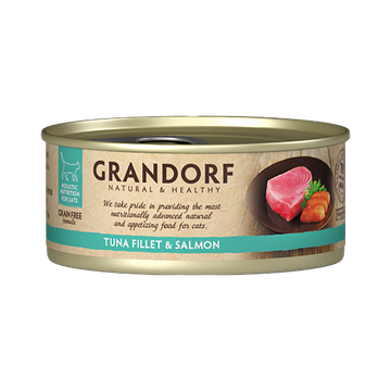 Grandorf Tuna Fillet and Salmon cat food, 70g packs, six-pack, high-quality canned food for cats with fish flavors.