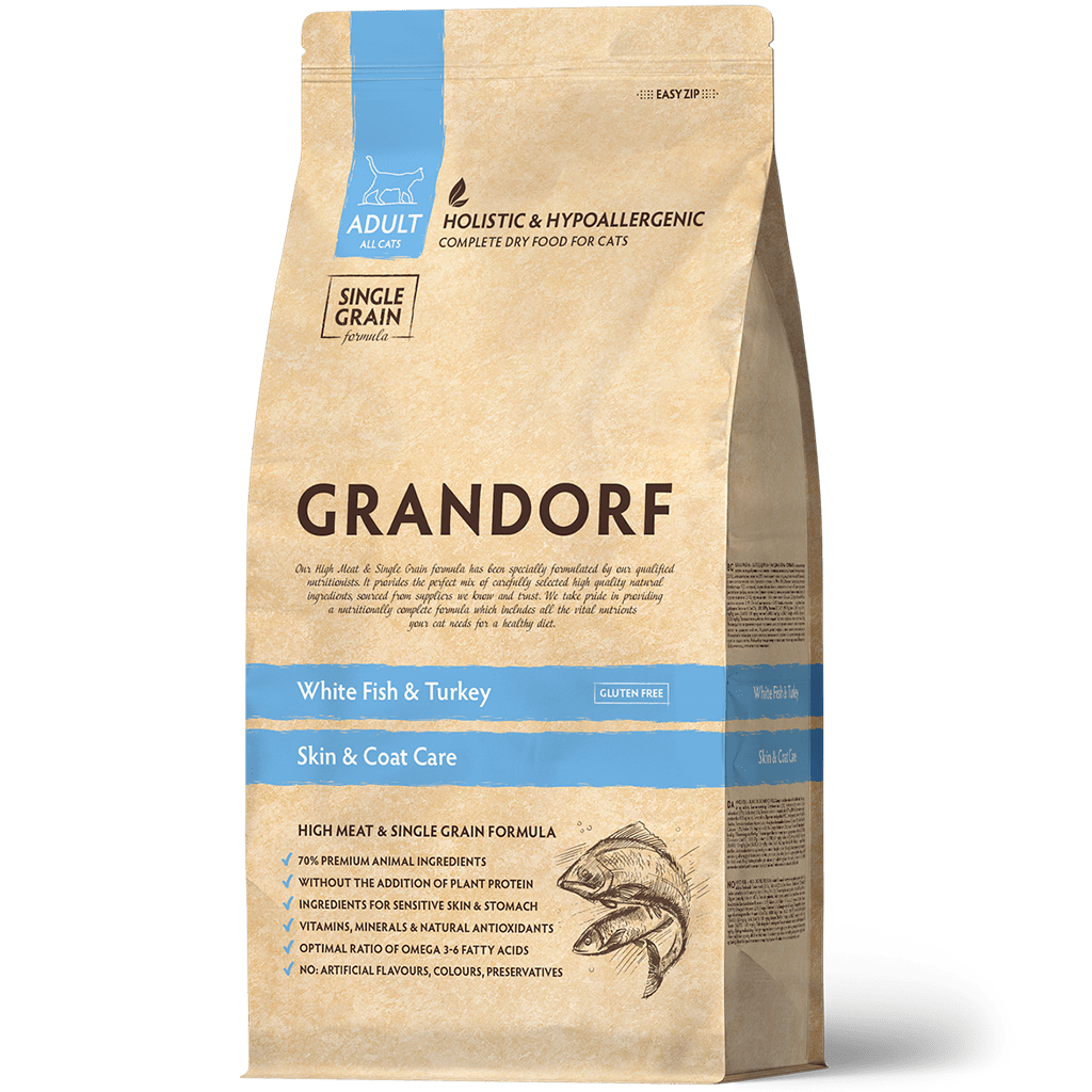 Grandorf White Fish cat food for adult indoor cats in 2kg bag, skin and care formula, natural dry pet food.