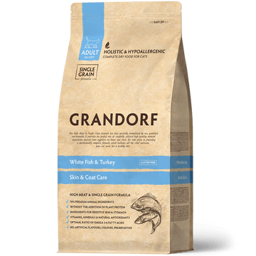 Grandorf White Fish cat food for adult indoor cats in 2kg bag, skin and care formula, natural dry pet food.