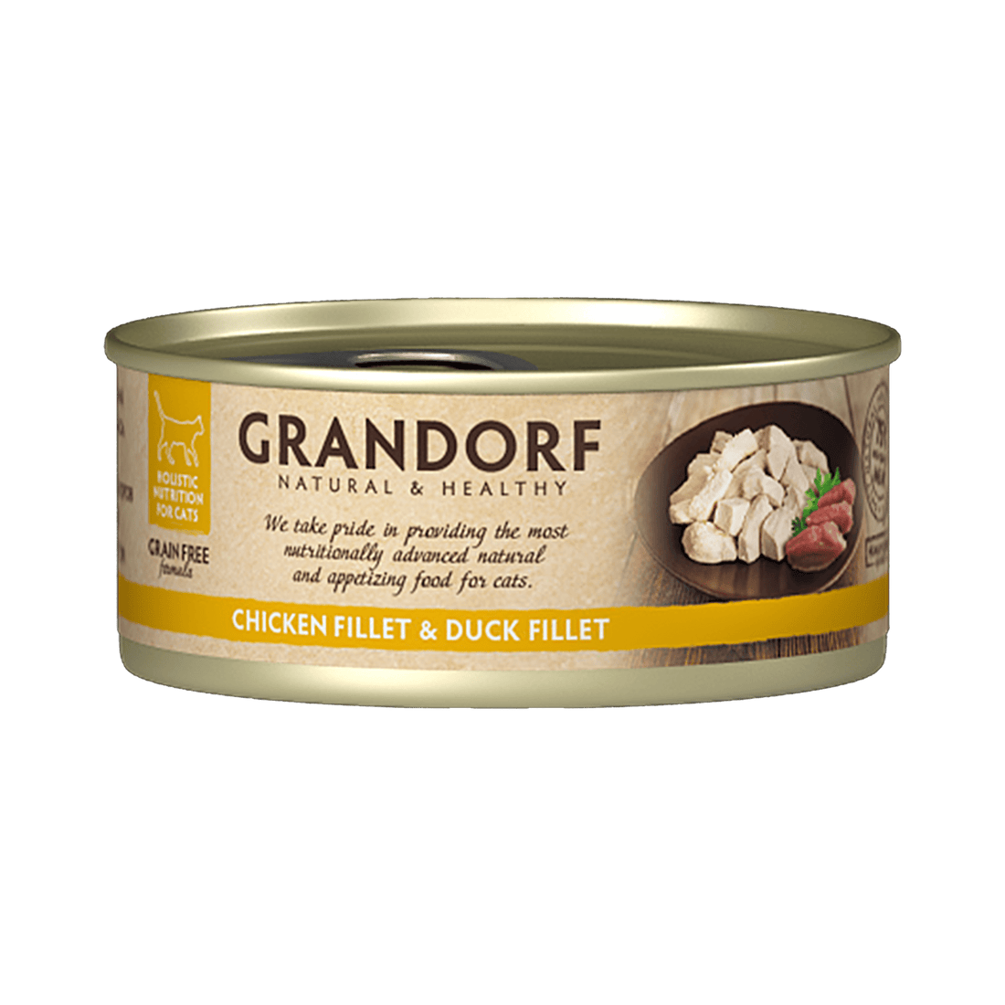 Grandorf cat food pack with six 70g servings of chicken breast and duck fillet in canned cat food.