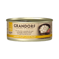 Grandorf cat food pack with six 70g servings of chicken breast and duck fillet in canned cat food.
