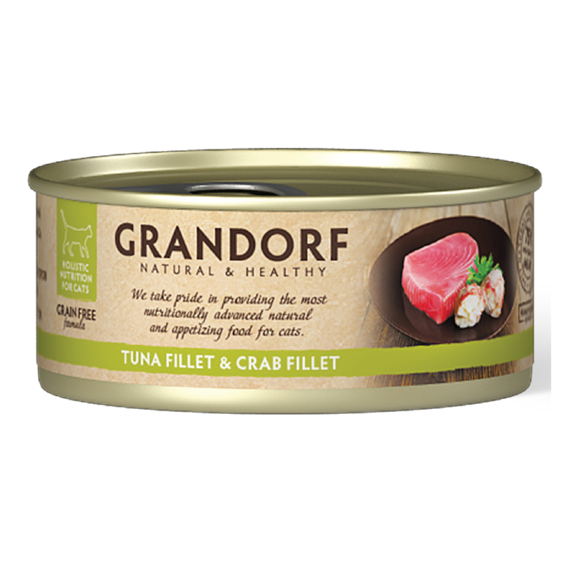Grandorf cat food pack with tuna fillet and crab fillet in 70g cans, 6-pack for feline nutrition.