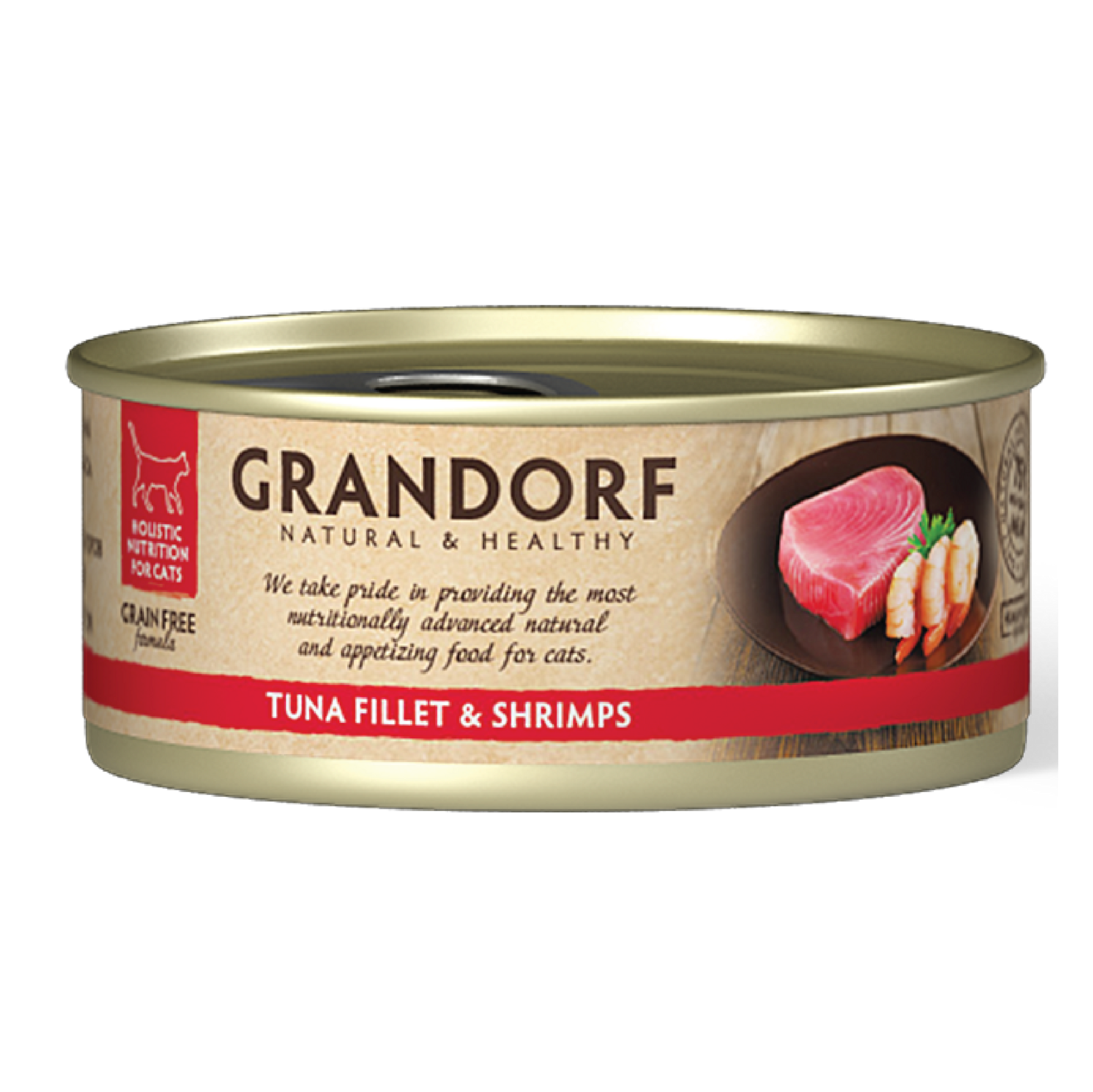 Grandorf Tuna Fillet and Shrimps cat food, 70g pack of 6, for healthy feline meals, featuring tuna fillet and shrimp ingredients.
