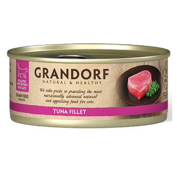 Grandorf Tuna Fillet cat food, 70g packs, six containers of canned tuna for cats, high-quality seafood pet food.