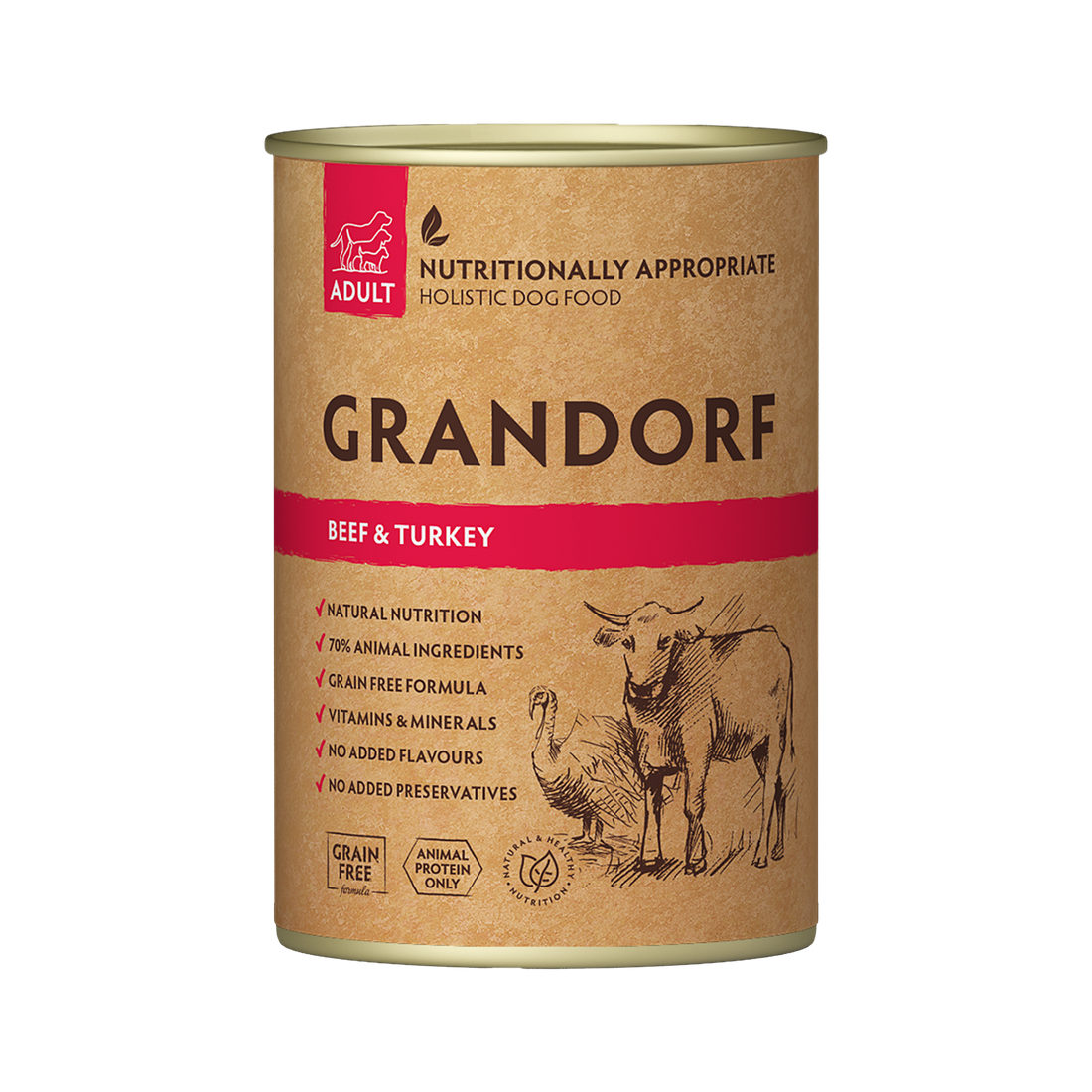 Canned Grandorf Beef & Turkey dog food for adult dogs in a 400g can, featuring beef and turkey ingredients in a natural setting