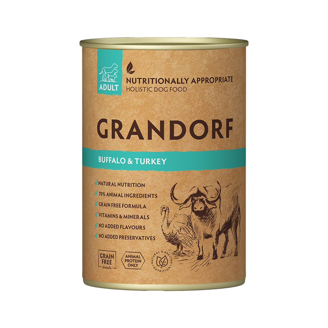Grandorf Buffalo & Turkey adult dog food in 400g can, featuring natural ingredients for healthy canine nutrition.