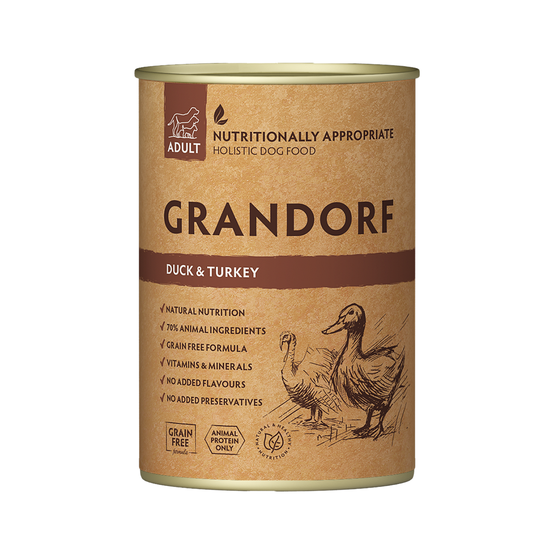 Canned dog food by Grandorf with duck and turkey for adult dogs in a 400g can, showcasing the product label and packaging.