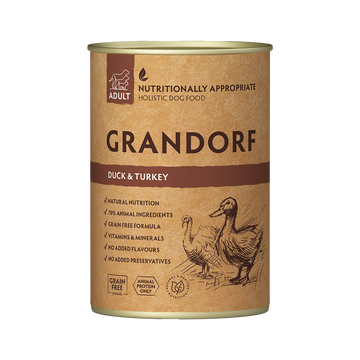Canned dog food by Grandorf with duck and turkey for adult dogs in a 400g can, showcasing the product label and packaging.