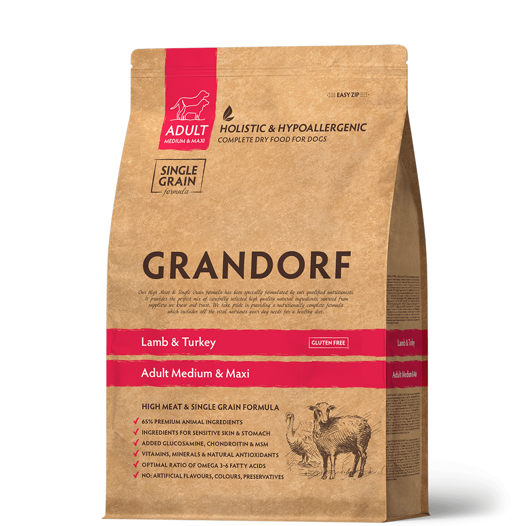 Grandorf Lamb & Turkey adult dog food for medium and maxi breeds, 1kg bag, natural nutrition for healthy growth.