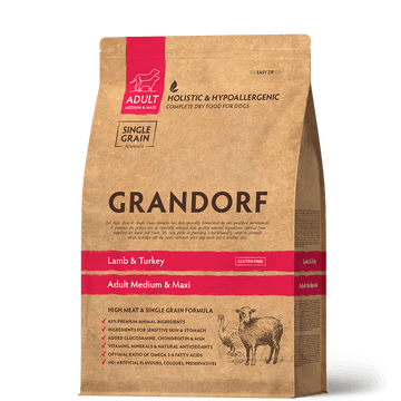 Grandorf Lamb & Turkey adult dog food for medium and maxi breeds, 1kg bag, natural nutrition for healthy growth.