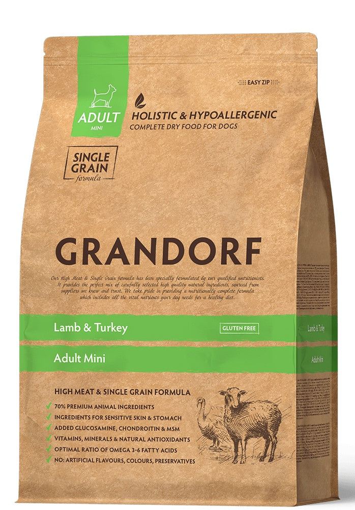 Grandorf Lamb & Turkey dog food for adult mini breed dogs in 3kg bag, natural ingredients, high-quality dog nutrition.