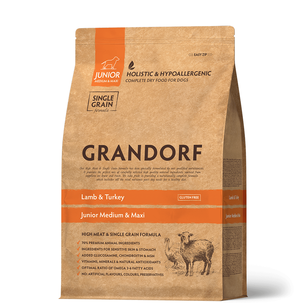 Grandorf Lamb & Turkey Junior Dog Food in 1kg bag, suitable for medium and maxi breeds, natural ingredients.