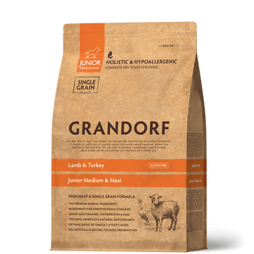 Grandorf Lamb & Turkey Junior Dog Food in 1kg bag, suitable for medium and maxi breeds, natural ingredients.