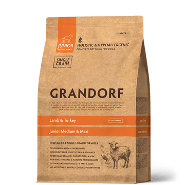Grandorf Lamb & Turkey Junior Dog Food for medium and maxi breeds, 3kg bag, natural, nutritious dog food for young dogs.