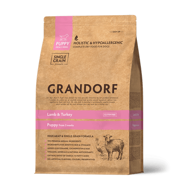 Grandorf Lamb & Turkey puppy dog food in 3kg bag, natural nutrition for puppies, includes lamb and turkey ingredients