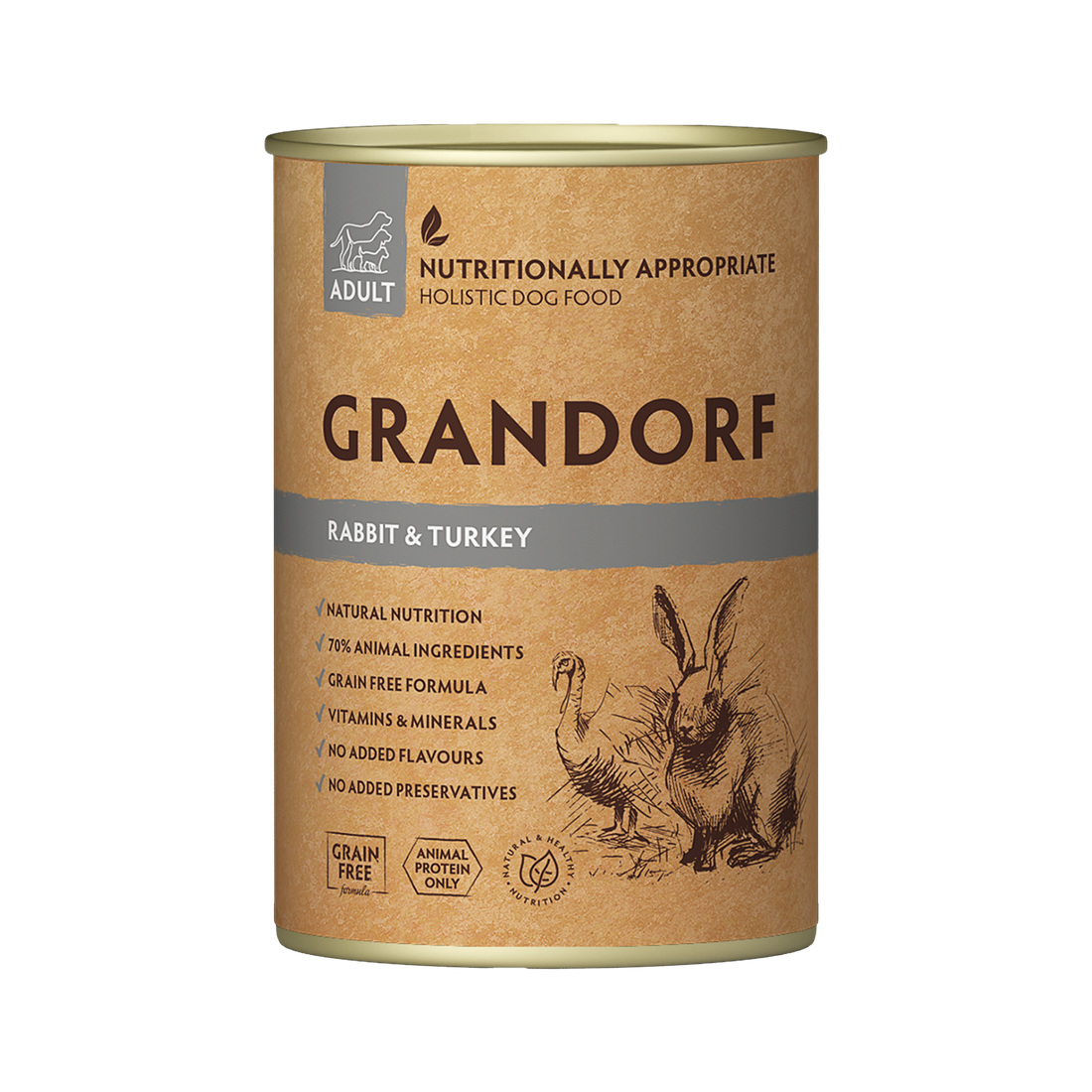Grandorf Rabbit and Turkey adult dog food in 400g package, natural ingredients for healthy canine nutrition.
