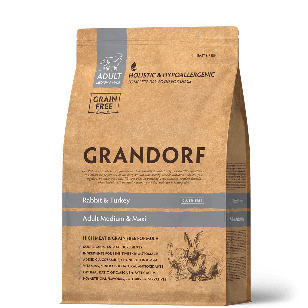 Grandorf Rabbit & Turkey dog food for adult medium and maxi breeds in 1kg bag, natural ingredients for healthy dogs.