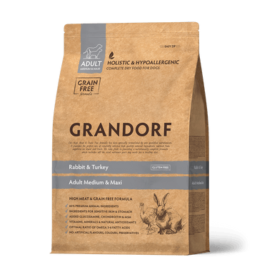 Grandorf Rabbit & Turkey dog food for adult medium and maxi breeds in 1kg bag, natural ingredients for healthy dogs.