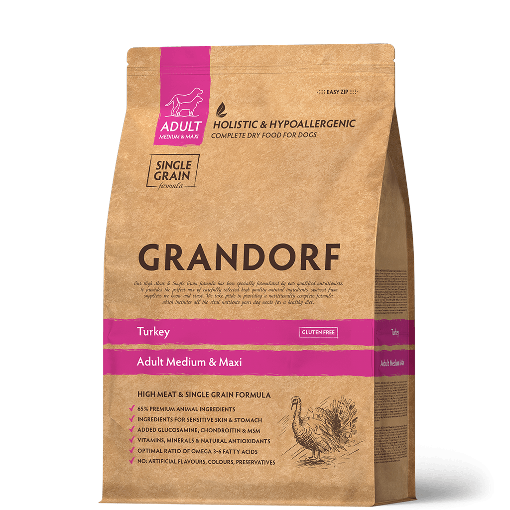 Grandorf Turkey dog food for adult medium and maxi breeds, 1kg, natural nutrition for healthy dogs