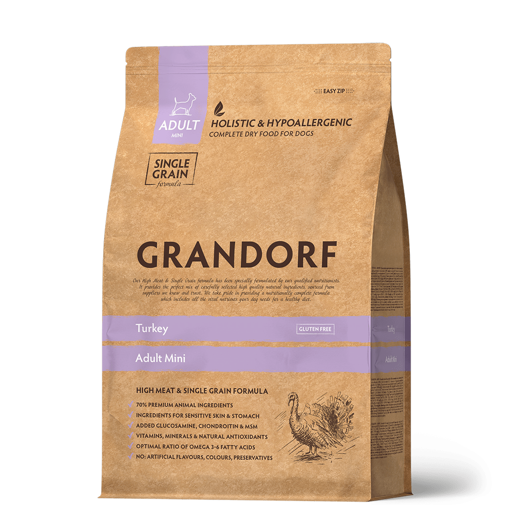 Grandorf Turkey dog food for adult mini breeds in 1kg bag, natural grain-free formula suitable for small dogs.