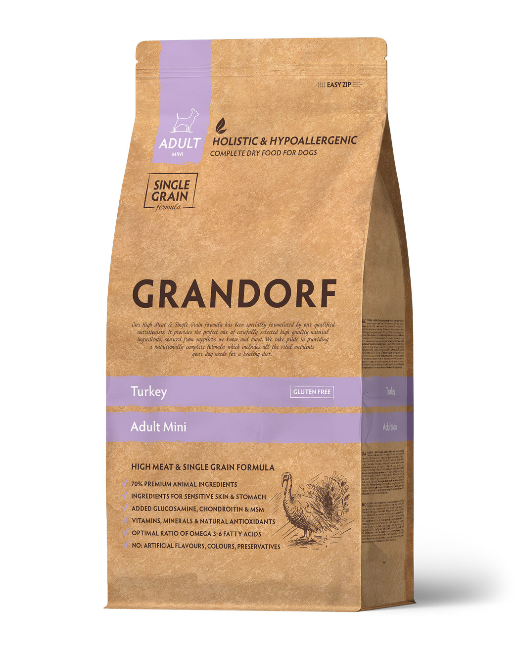 Grandorf Turkey Dog Food for adult mini breeds in 3kg bag, high-quality grain-free dog food for small dogs.