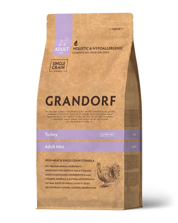 Grandorf Turkey Dog Food for adult mini breeds in 3kg bag, high-quality grain-free dog food for small dogs.