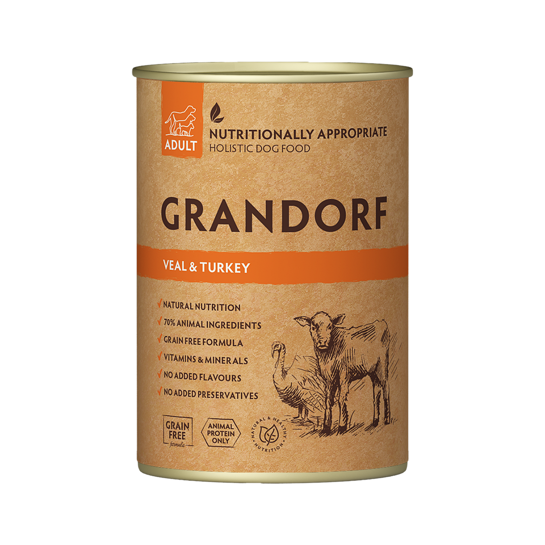 Grandorf Veal and Turkey dog food for adults in 400g pack, featuring natural ingredients for healthy canine nutrition.