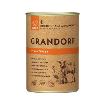 Grandorf Veal and Turkey dog food for adults in 400g pack, featuring natural ingredients for healthy canine nutrition.