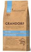 Grandorf White Fish dog food for adult medium and maxi breeds in a 10kg bag, featuring natural ingredients for healthy digestion.