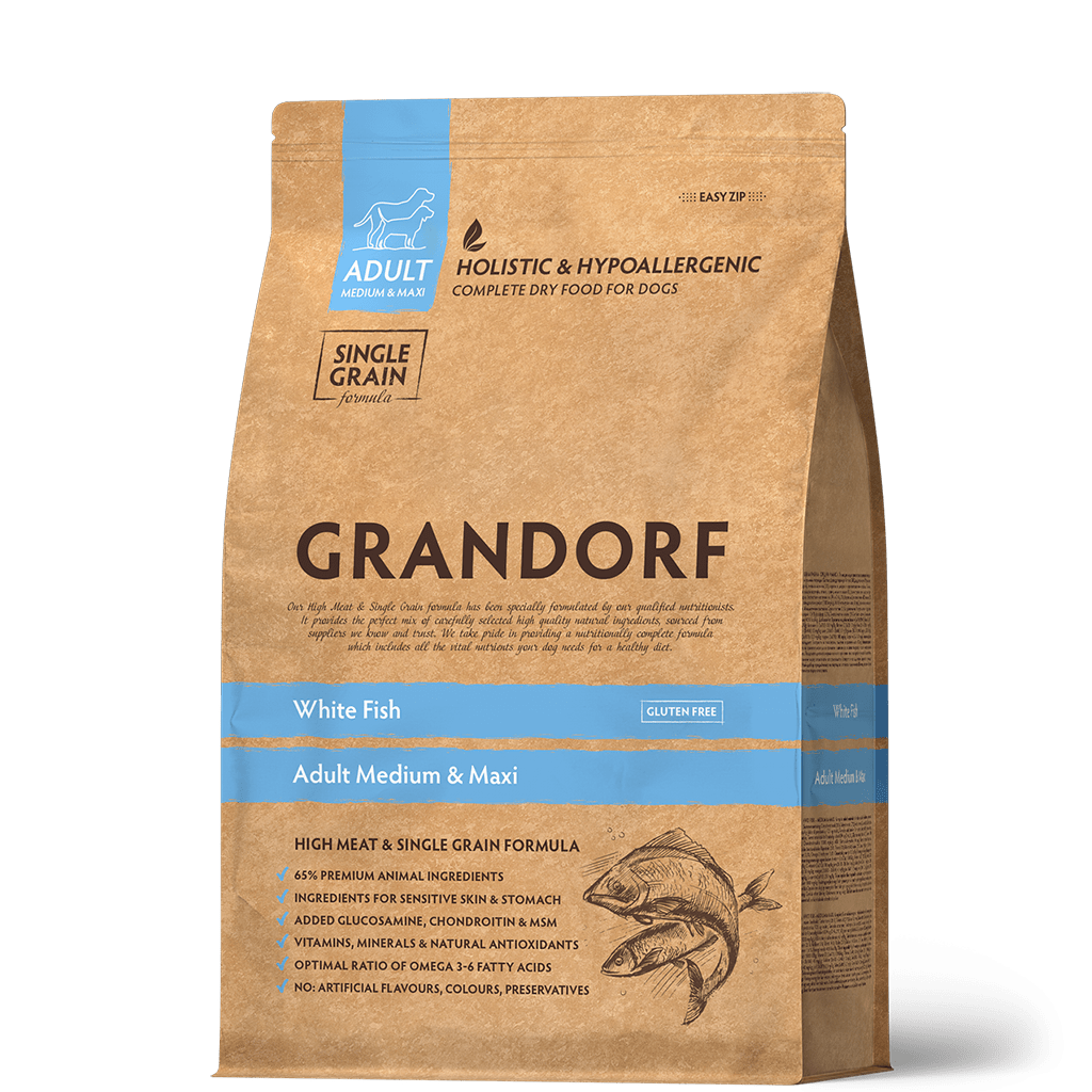 Grandorf White Fish dog food for adult medium and maxi breeds in a 1kg bag, featuring nutritious white fish ingredients.