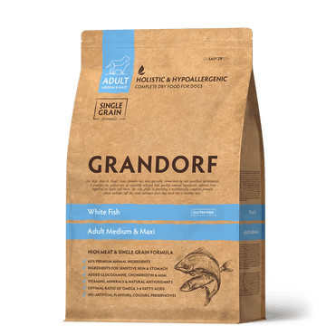 Grandorf White Fish dog food for adult medium and maxi breeds in a 1kg bag, featuring nutritious white fish ingredients.