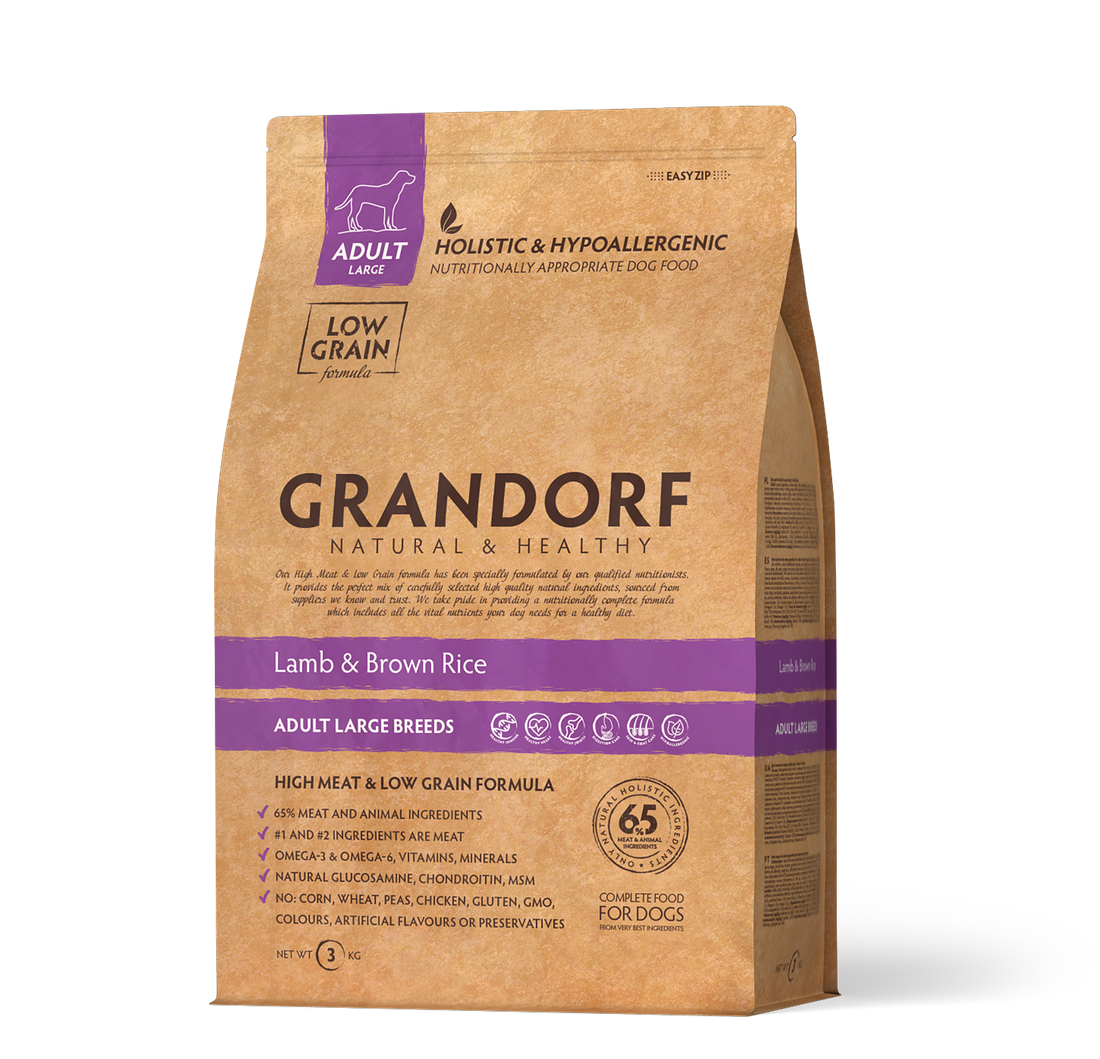 Grandorf Lamb and Brown Rice dog food for large adult dogs in a 3kg bag, featuring high-quality ingredients and natural nutrition.