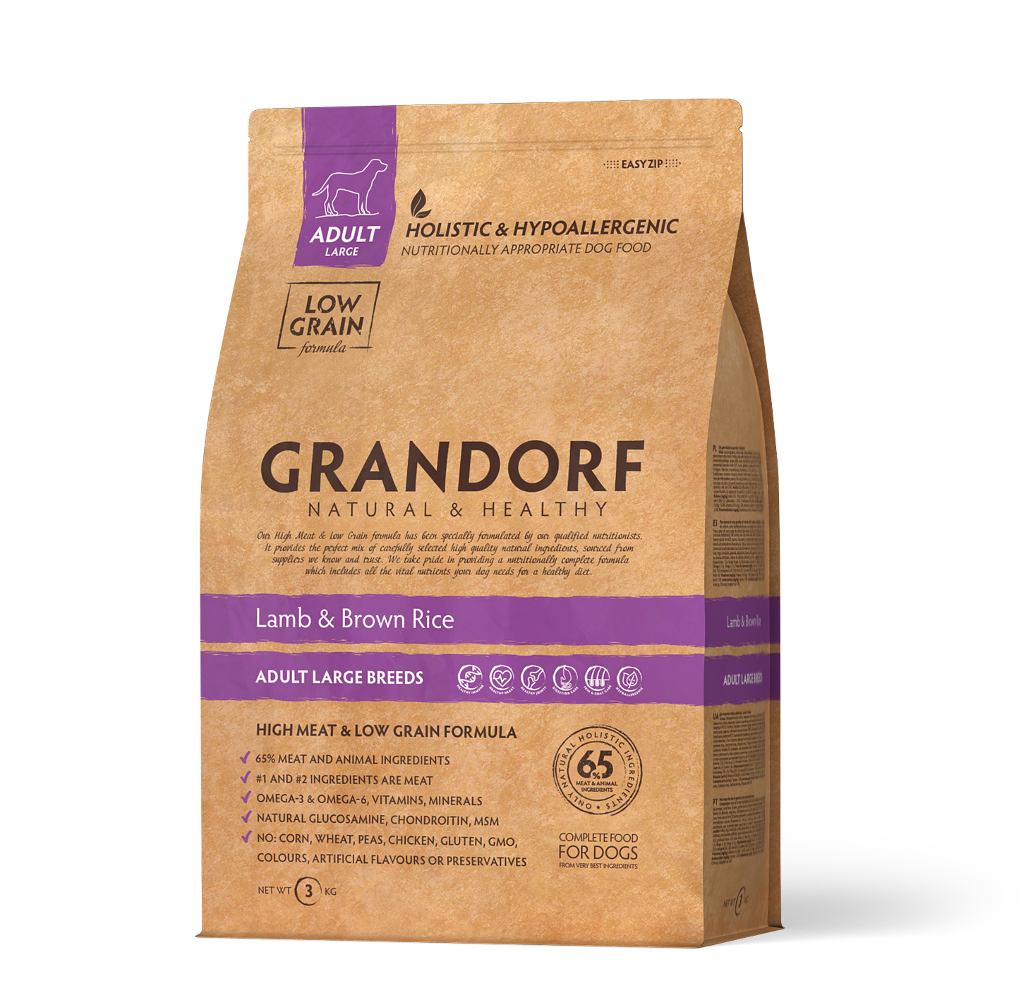 Grandorf Lamb and Brown Rice dog food for large adult dogs in a 3kg bag, featuring high-quality ingredients and natural nutrition.