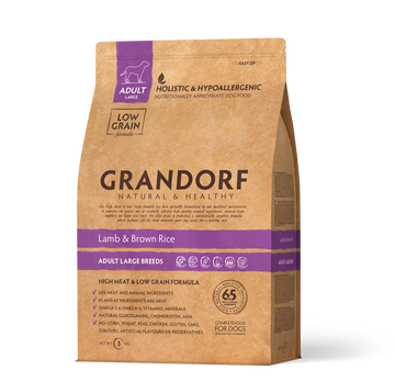 Grandorf Lamb and Brown Rice dog food for large adult dogs in a 3kg bag, featuring high-quality ingredients and natural nutrition.