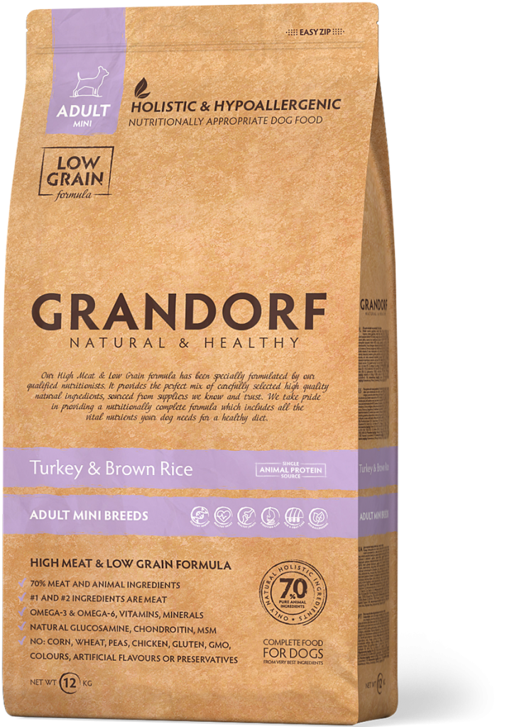 Grandorf Turkey and Brown Rice dog food for adult mini breed, 3kg bag, natural ingredients for healthy canine nutrition